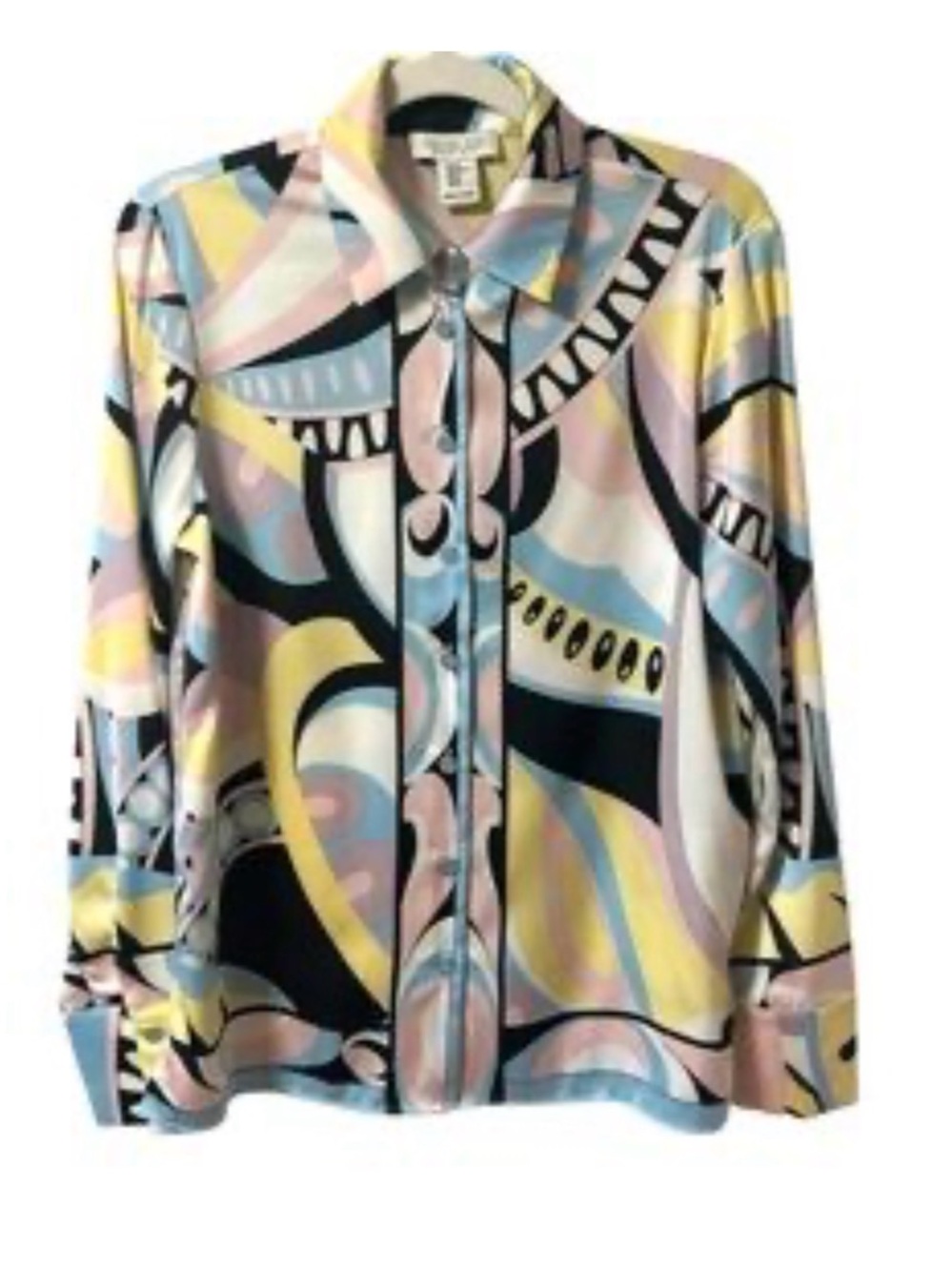 🌼 Rachel Zoe - Pastel Abstract Zip-Front Shirt in Blue, Pink & Yellow
